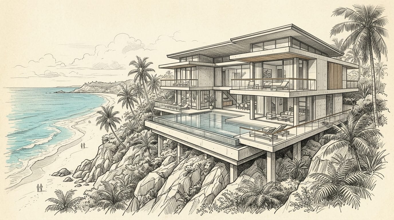 Architectural pencil sketch of AURELIA coastal cliff villa and infinity pool
