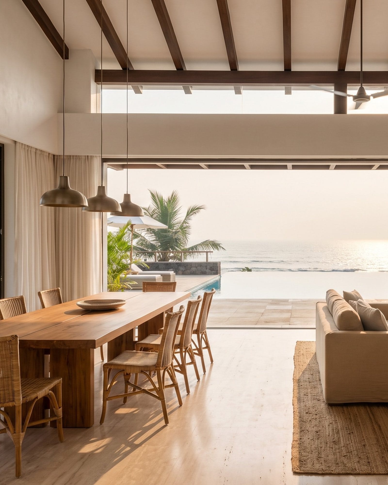 A table for eight in solid teak, set in the open pavilion