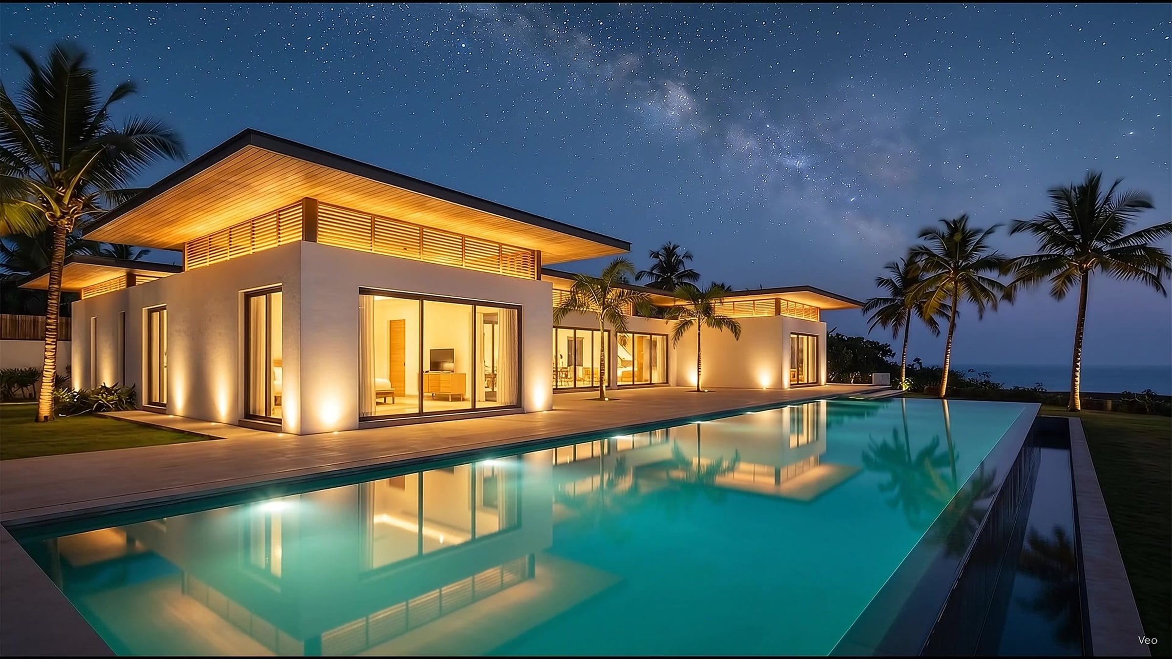 The villa at night, warm rooms glowing beside the lit pool