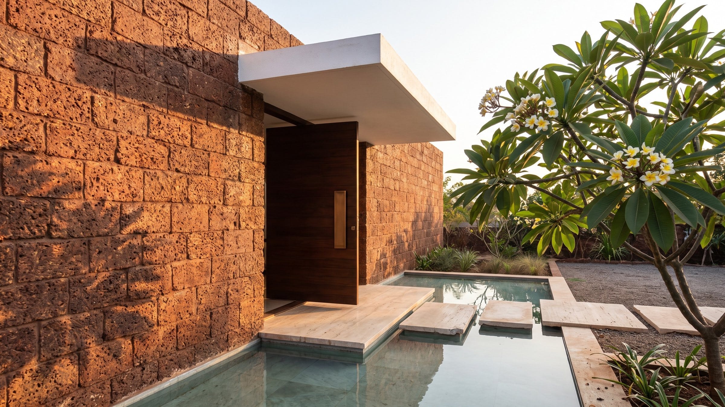 Palm shadows raking across the pitted laterite entrance wall