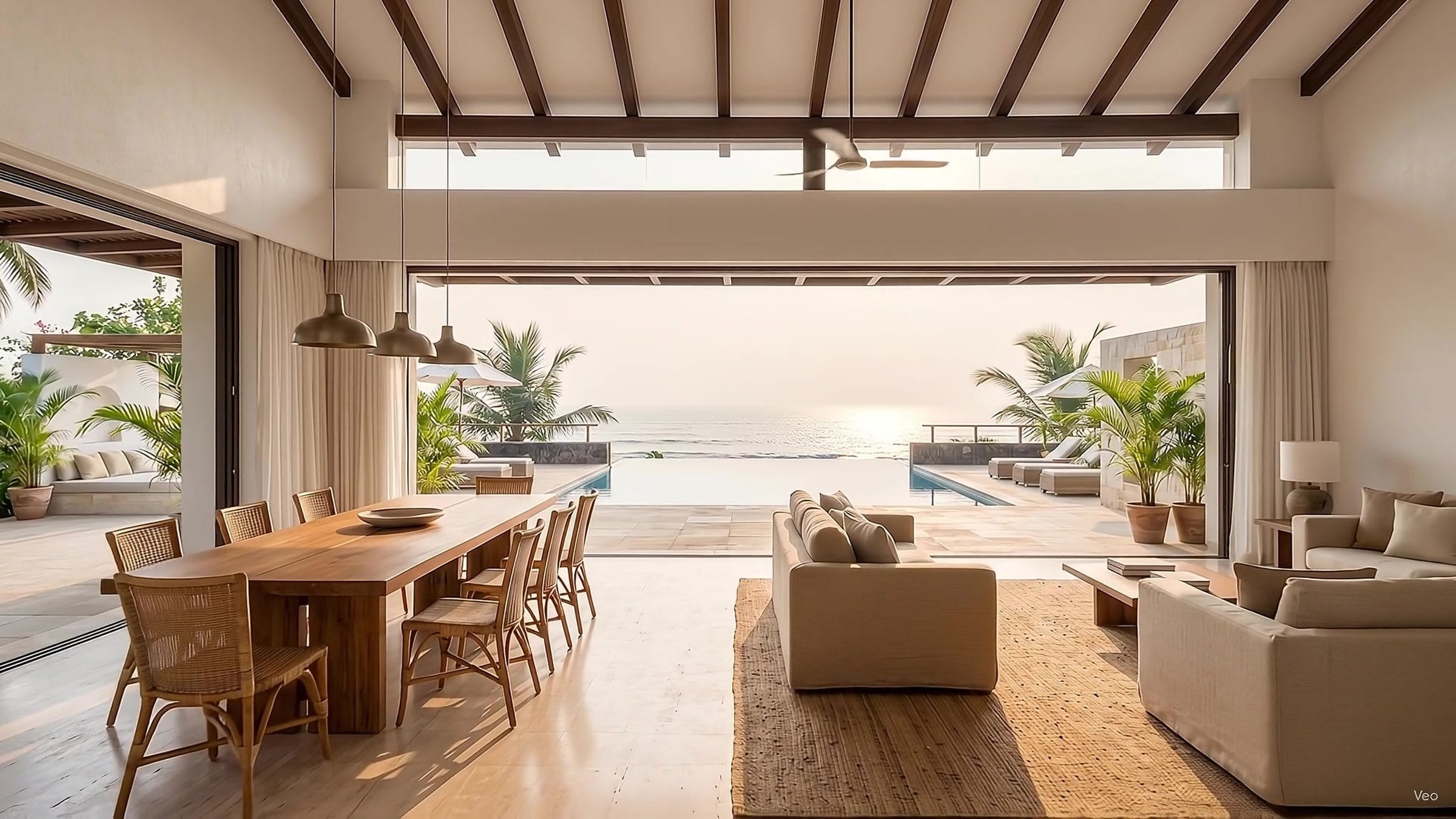 Breakfast laid on the long teak table, doors open to the pool