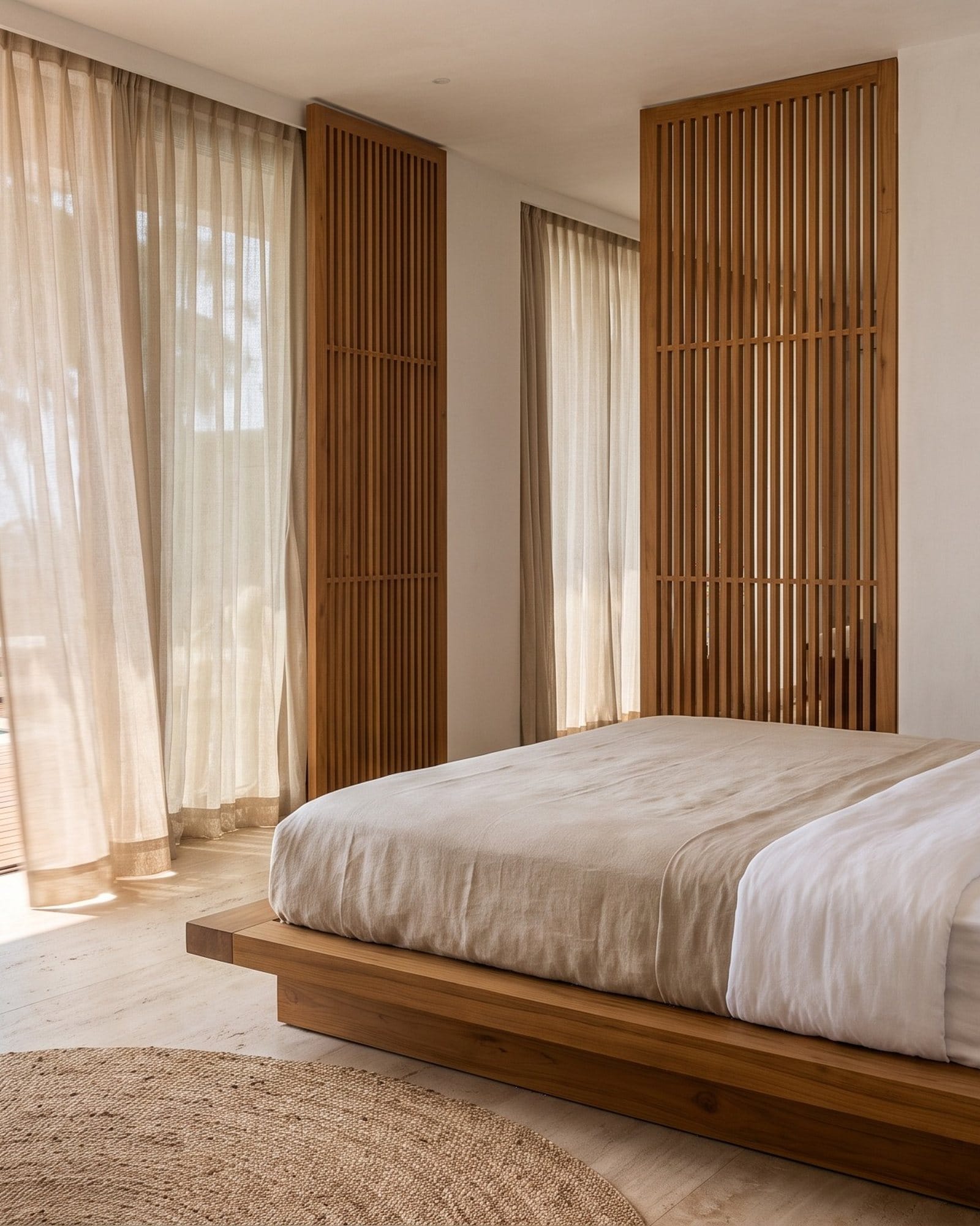 Sheer linen curtains and a low teak bed in the master suite, open to the pool terrace