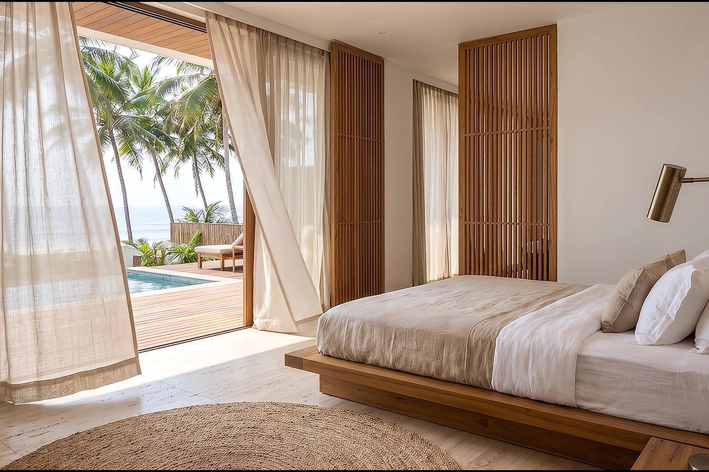 Master bedroom with curtains drawn back to the pool and the sea