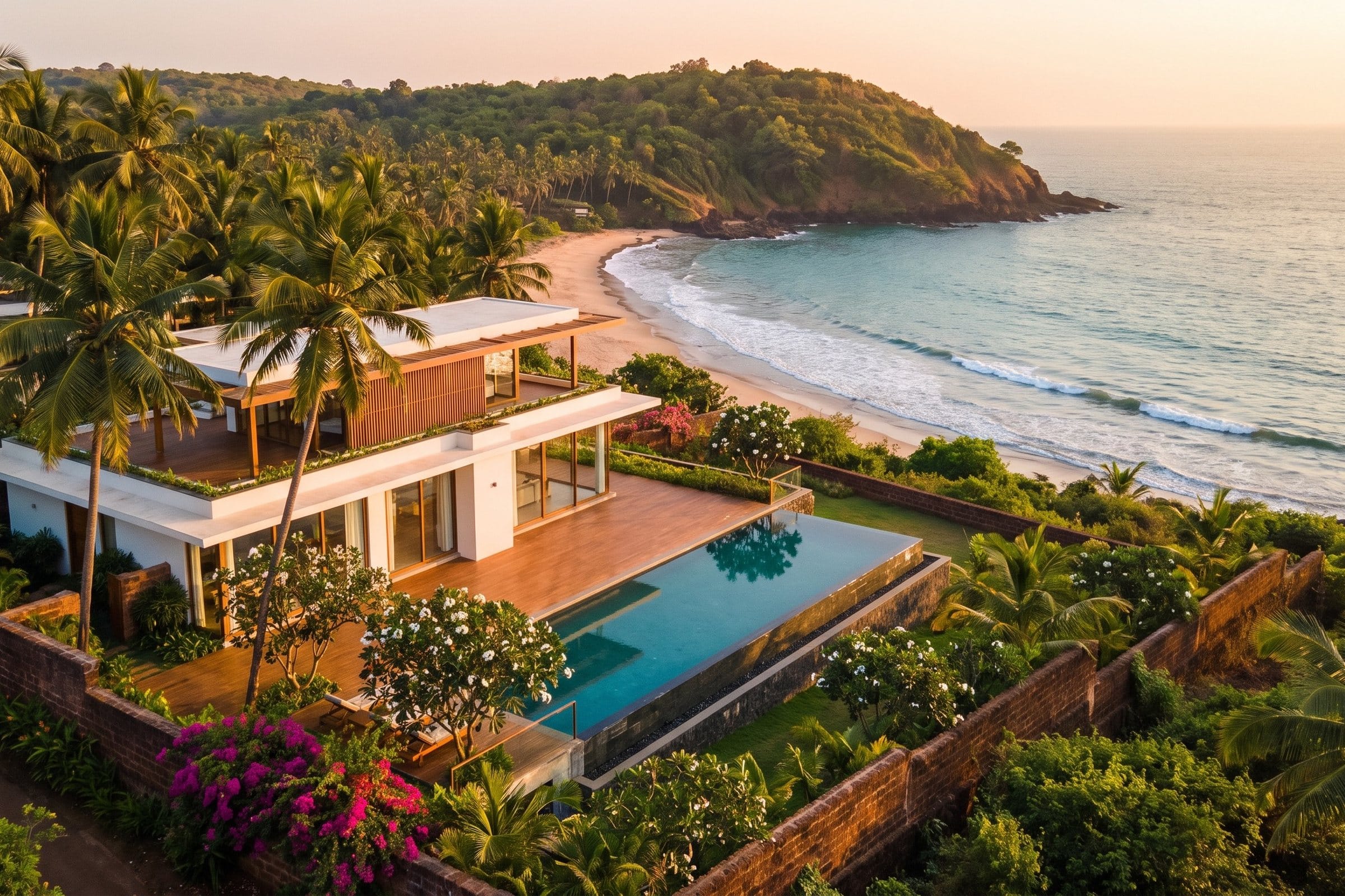 The estate above the bay at golden hour, pool facing the sea