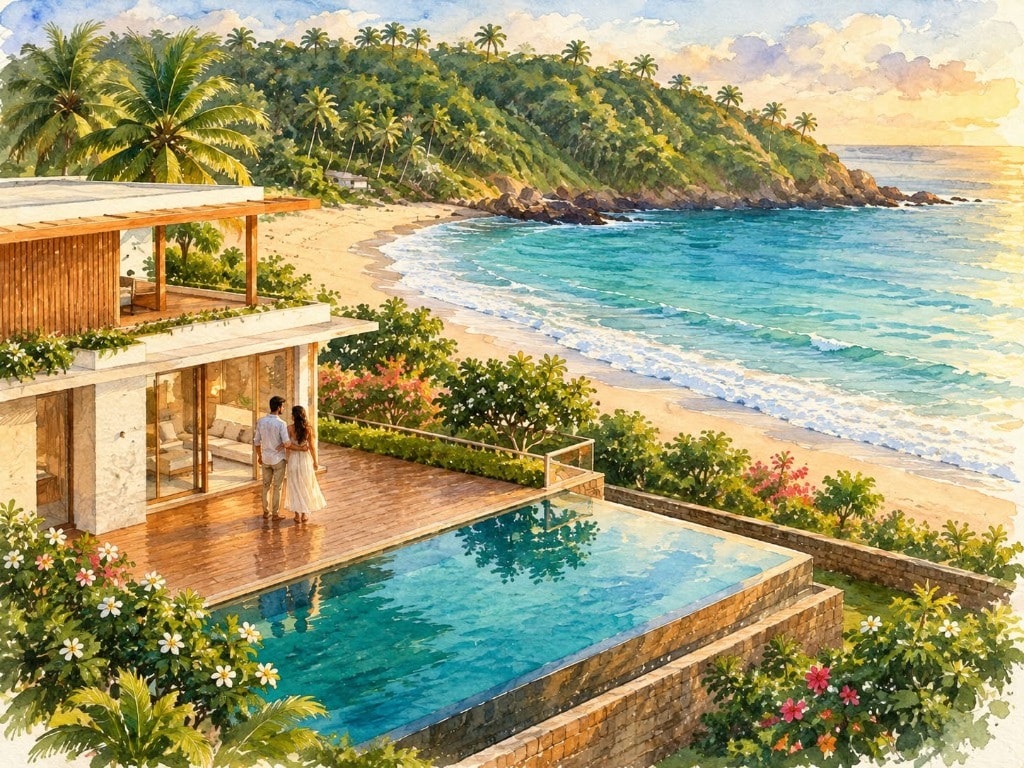 Watercolor painting of AURELIA coastal cliff villa, infinity pool, and Arabian Sea beach